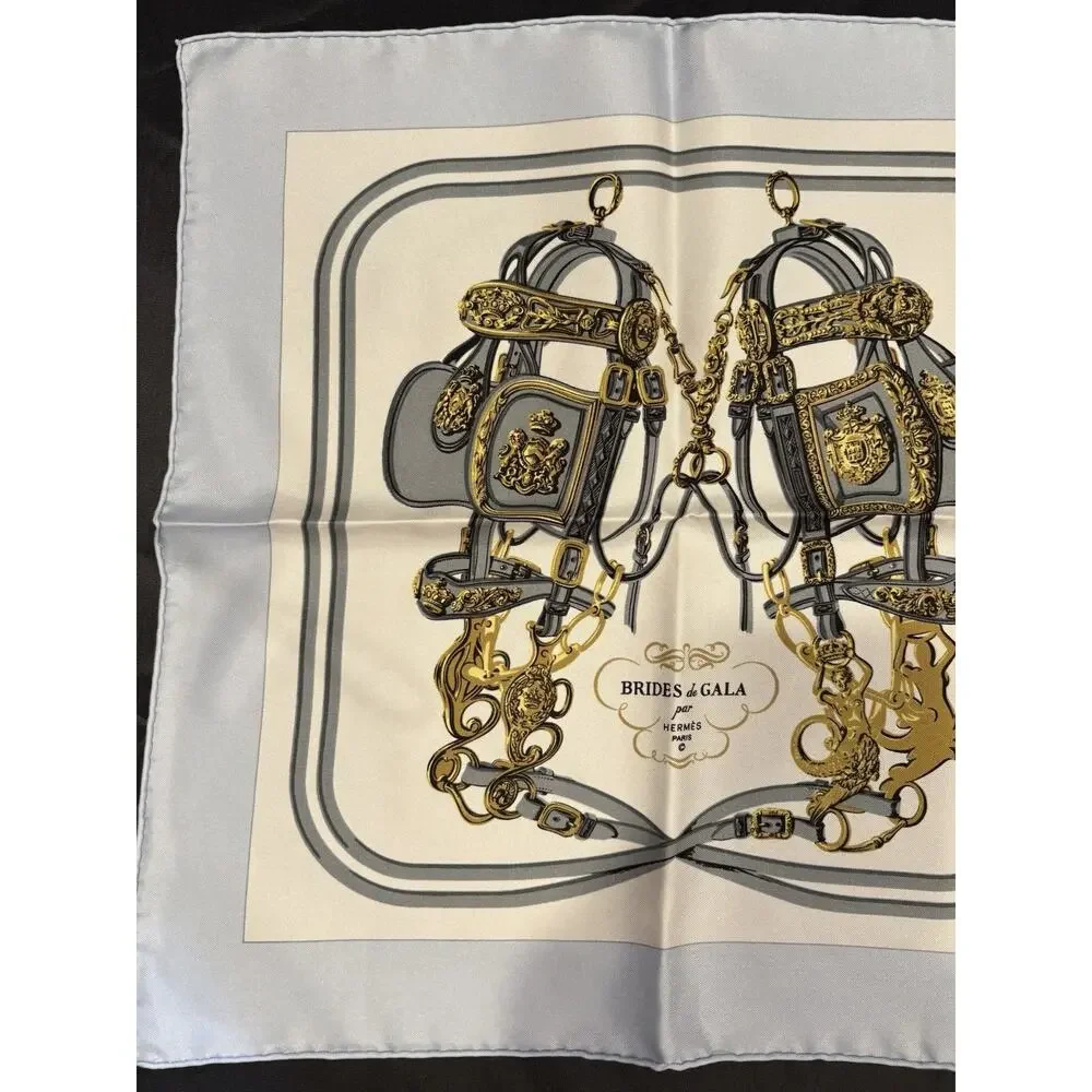 Hermès Pocket Square Silk Scarf Brides de Gala By Hugo Grygkar Lt Blue Gray New